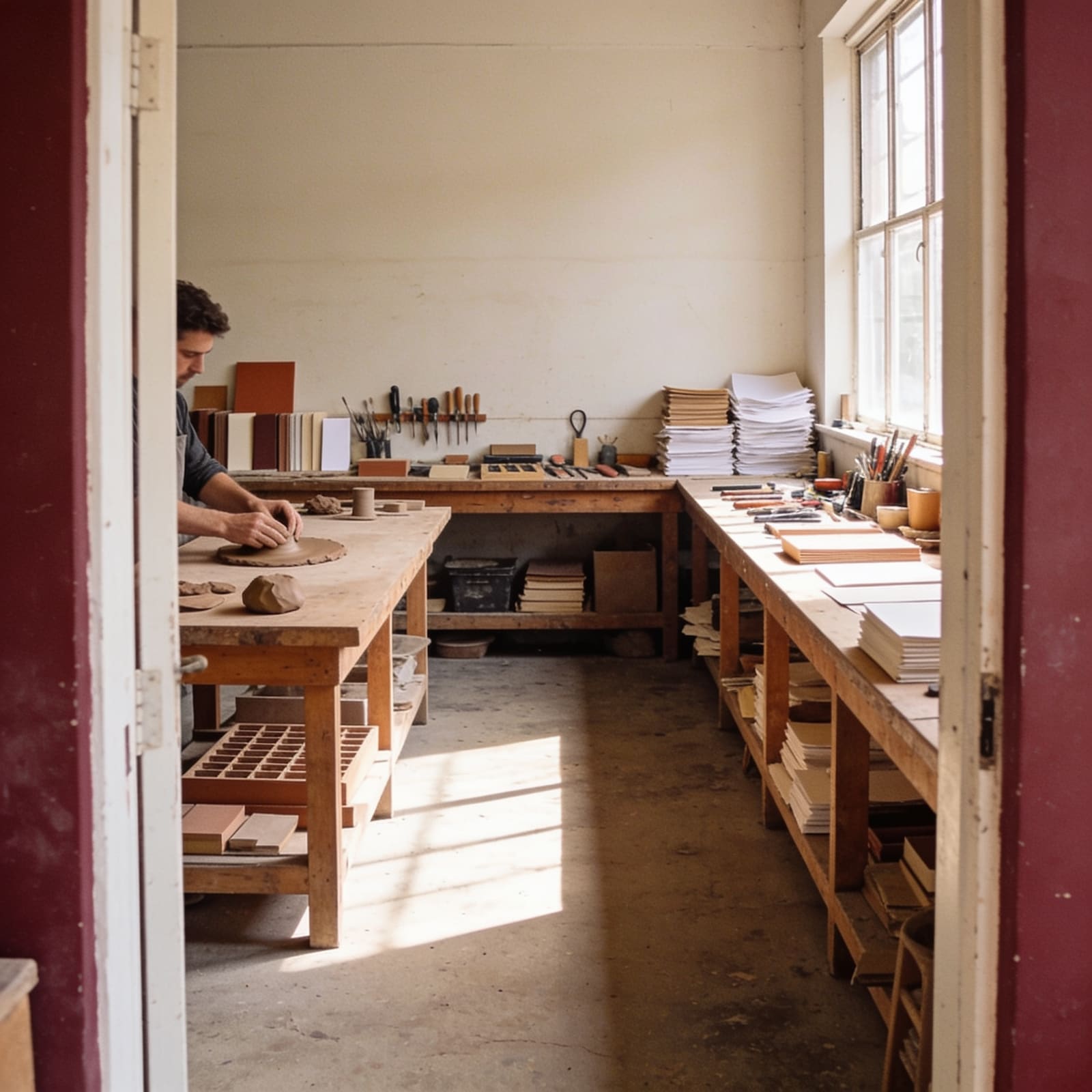 Interno del laboratorio con tavoli da lavoro per ceramica e legatoria