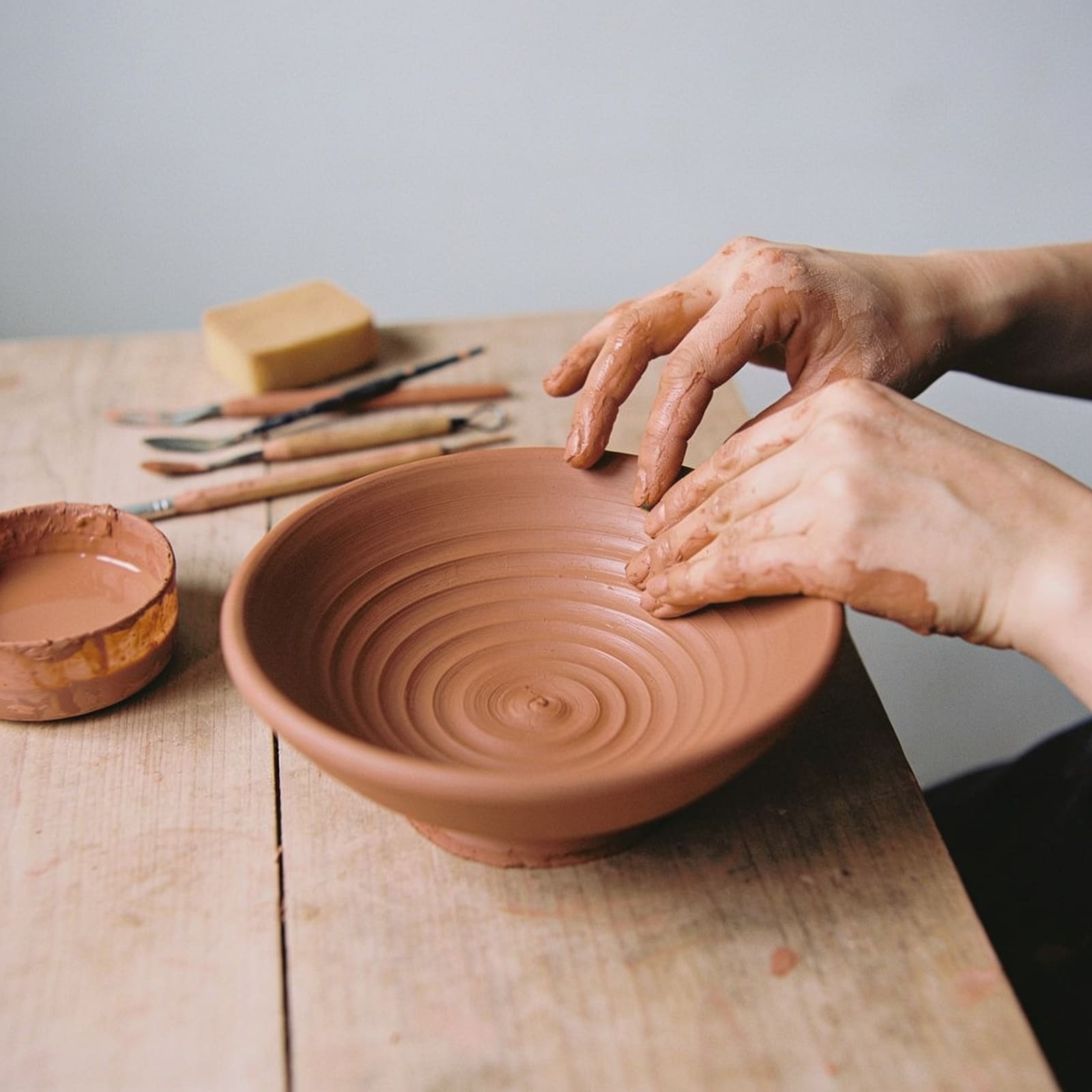 Mani che modellano una ciotola in ceramica a colombino